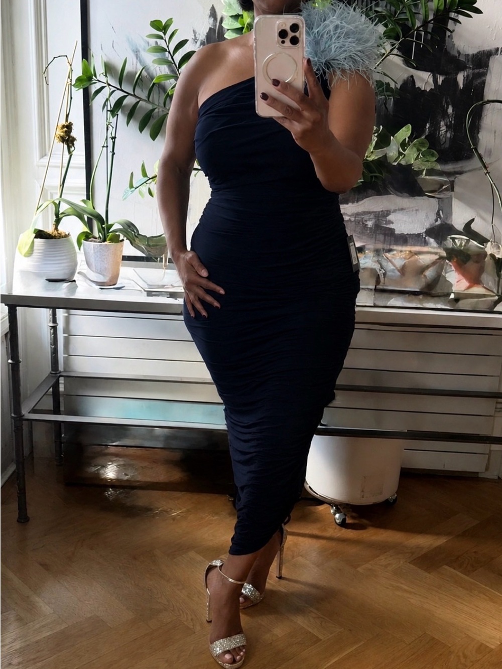 Norma Kamali Diana one-shoulder ruched dress in Navy sz M